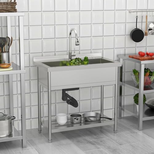 Lordear Stainless Steel Utility Sink 24 Inch - 24"x21" Freestanding Stainless Steel Kitchen Sink Single Bowl Commercial and Residential Use for Laundry Room Garage Outdoor and Kitchen