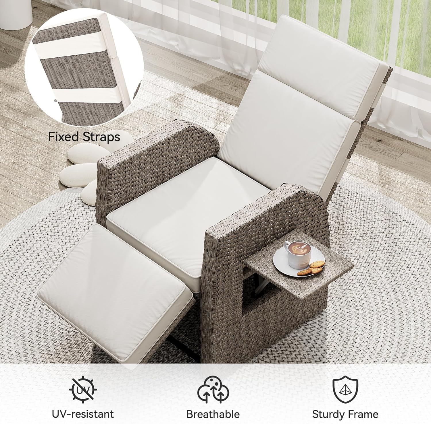 YITAHOME Outdoor Recliner Chair, Patio Wicker Lounge Chair with Adjustable Angle, Flip Table, Reclining Lounge Chair for Outside with Thick Cushions for Deck Backyard Pool Side, Beige(1 pack only)