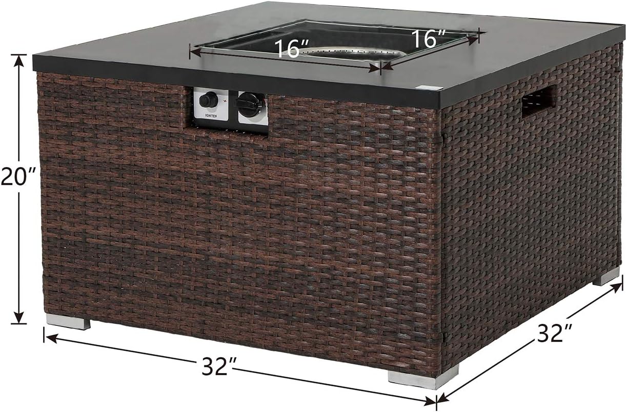 COSIEST Outdoor Propane Fire Pit 32-inch Square Espresso Brown Wicker Fire Table, 40,000 BTU Stainless Steel Burner,Fits 20lb Tank Outside, Free Lava Rocks and Cover