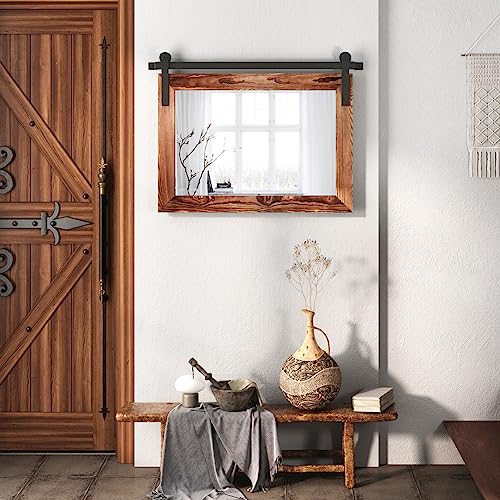 Farmhouse Barn Door Mirror - 41" x 26" Rustic Wood Framed Wall Mirror for Bathroom, Living Room, Bedroom Wall Decor (Brown)