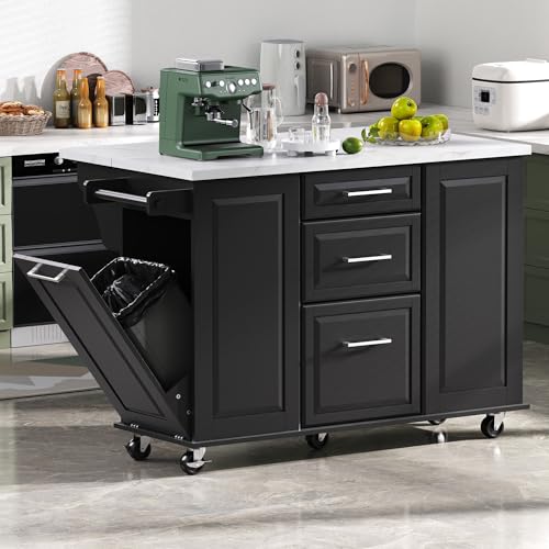 60" Kitchen Island with Drop Leaf and Power Outlet, Rolling Kitchen Cart on Wheels with Trash Can Storage Cabinet, Spice Rack, Towel Rack and Adjustable Shelf for Dining Room