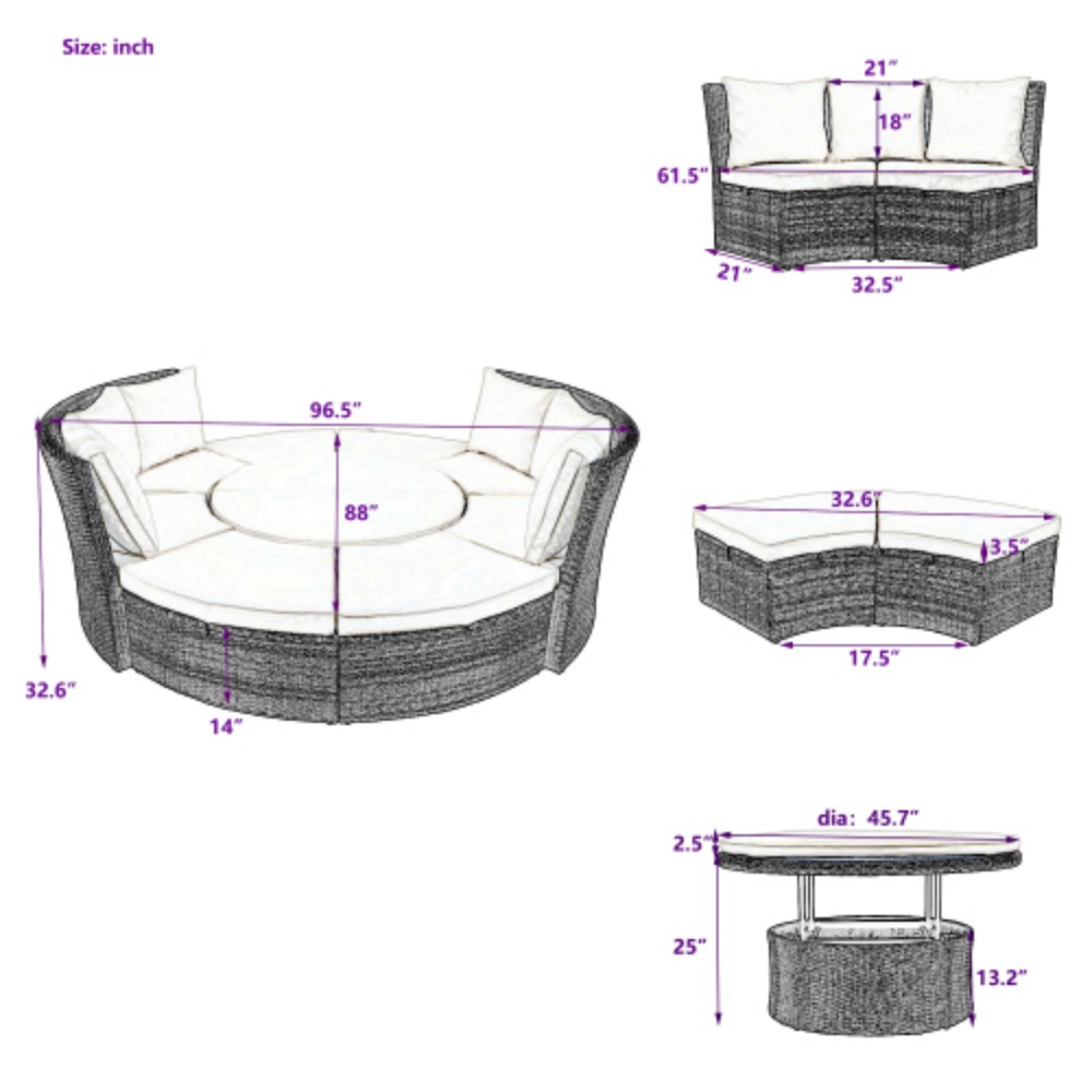 TOPMAX Patio 5-Piece Round Rattan Sectional Sofa Set All-Weather PE Wicker Sunbed Daybed with Round Liftable Table and Washable Cushions for Outdoor Backyard Poolside Beige + Rattan + Foam