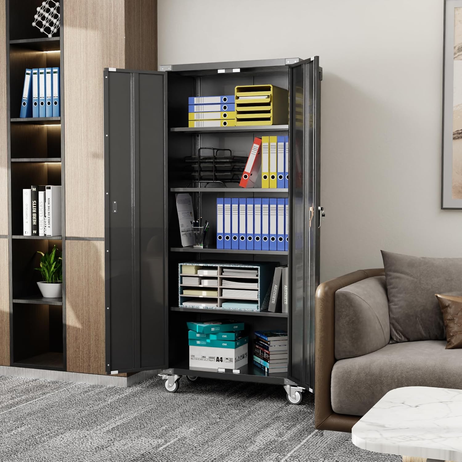 72" Black Metal Storage Cabinets with Wheels and 4 Adjustable Shelves, Lockable Rolling Cabinet Black, Home Office Metal Utility Cabinet for Garage Kitchen, Assembly Required