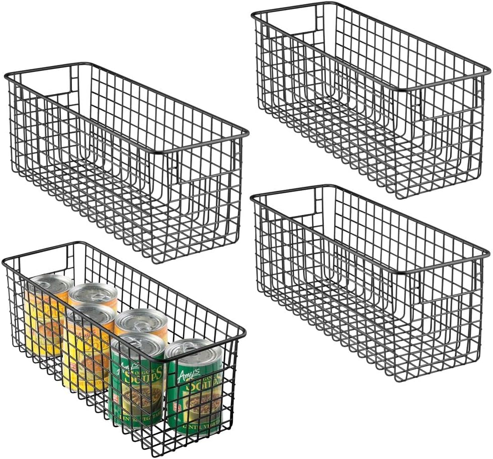 mDesign Household Metal Wire Cabinet Organizer Storage Organizer Bins Baskets trays - for Kitchen Pantry Pantry Fridge, Closets, Garage Laundry Bathroom - 16 x 9 x 3 - 4 Pack - Satin