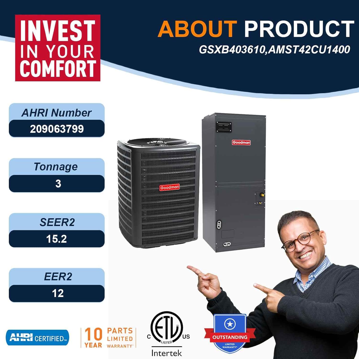 Goodman 3 Ton 15.2 SEER2 Energy-Efficient Single Stage Split System Air Conditioner GSXB403610 and Multi-Positional Multi-Speed Air Handler AMST42CU1400 with Internal TXV