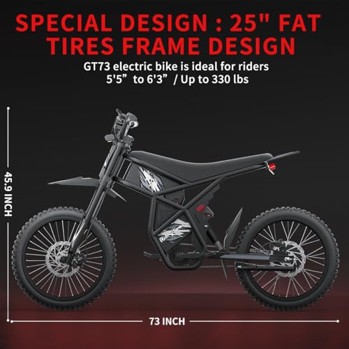 2000W/ 3000W GT73 / GT73 Pro Electric Dirt Bike for Adults - 37/50 MPH High-Speed, 25" Fat Tires & Dual Removable Battery (60V-18AH*2)| All-Terrain Off-Road eBike for Snow, Sand