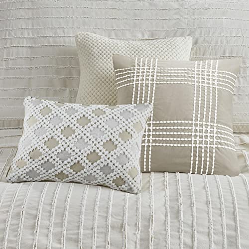 Madison Park King Comforter Set Clipped Jacquard Stripes with Buttons Boho Comforter for a King-Size Bed, Cotton Oversized Comforters with Removable Cover Boho Bedding, King Ivory 9 Piece