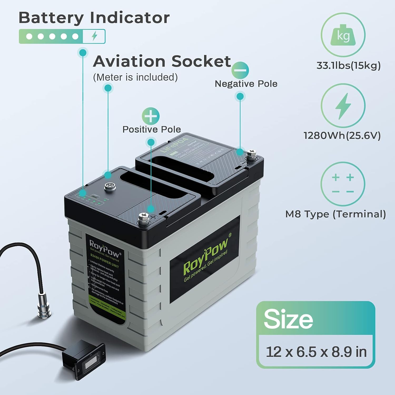12V Lithium Battery 30Ah, RoyPow Deep Cycle LiFePO4 for RV, Solar Marine and Off-grid Applications