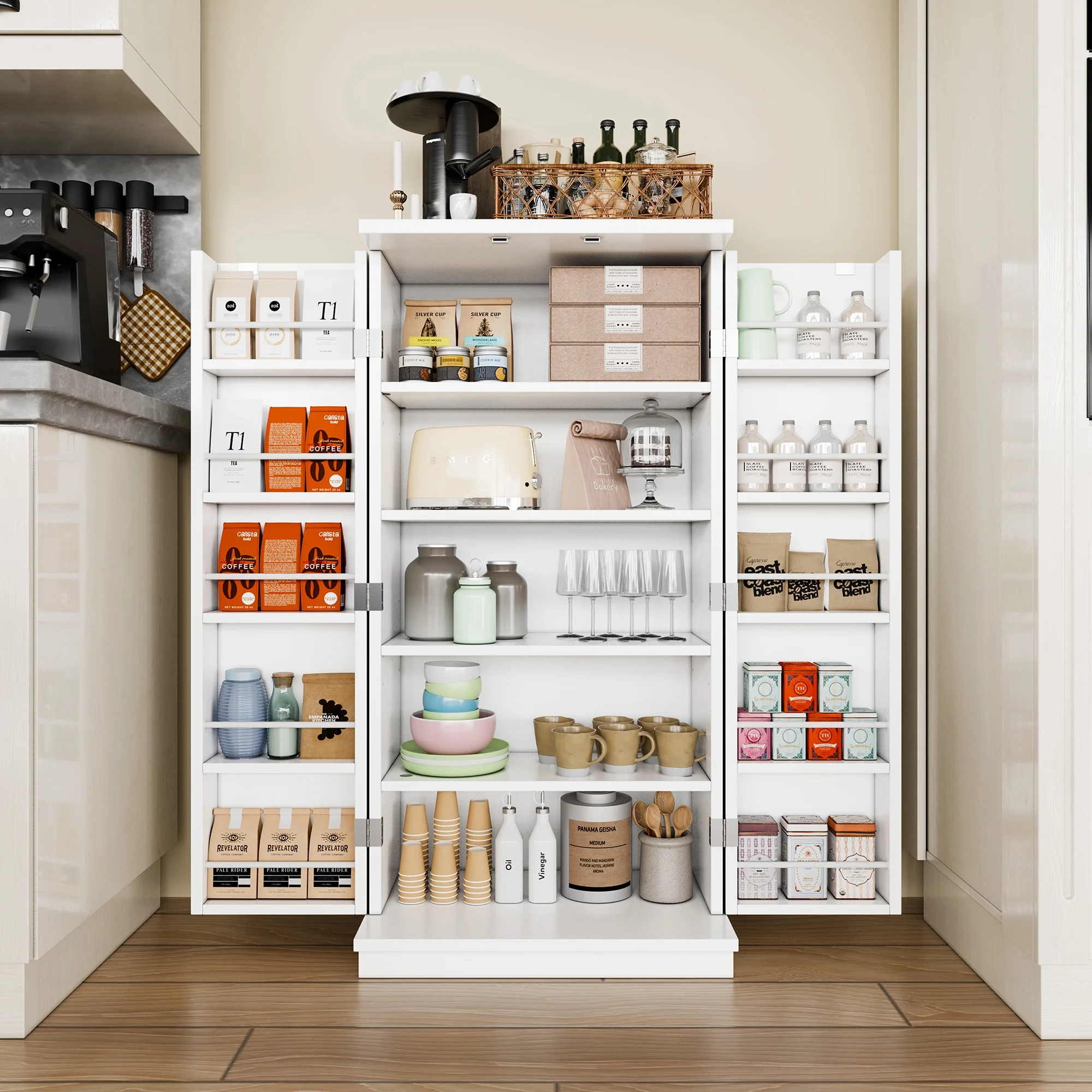 Walsunny 47" Kitchen Pantry Farmhouse Storage Cabinet with Adjustable Shelves, Racks and Doors Freestanding Kitchen Hutch Cupboard White - Curated Treasures Market