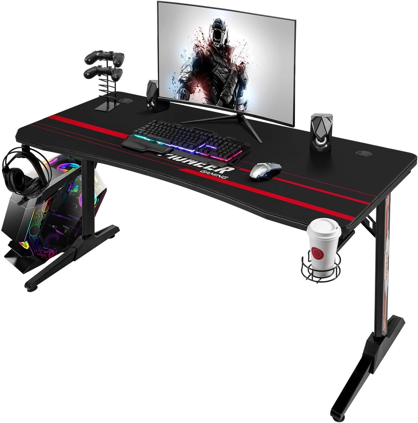 Devoko 55 Inch Gaming Desk T-Shaped PC Computer Table with Free Mouse Pad Carbon Fibre Surface Home Office Desk Gamer Table with Game Handle Rack Headphone Hook and Cup Holder (Black)