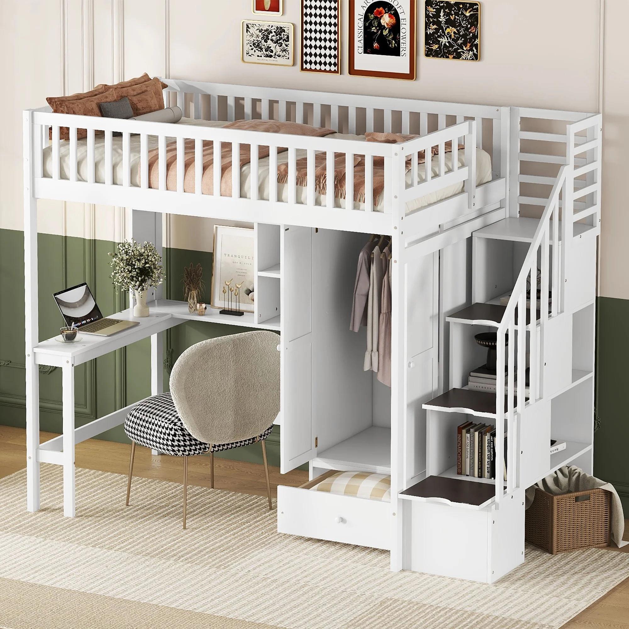 Bellemave Twin Size Loft Bed with Stairs and Wardrobe, Wood Loft Beds Frame with Desk and Storage Drawers, Stairway Loft Bed for Kids, Teens & Adults（White）