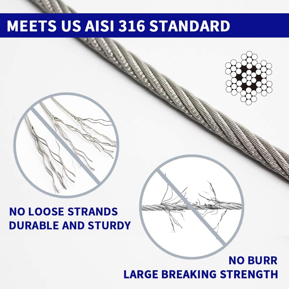 1000FT 1/8" T316 Stainless Steel Cable, Wire Rope Aircraft Cable for Deck Cable Railing Kit, 7 x 7 Strands Construction,DIY Balustrades, Come with a Cutter