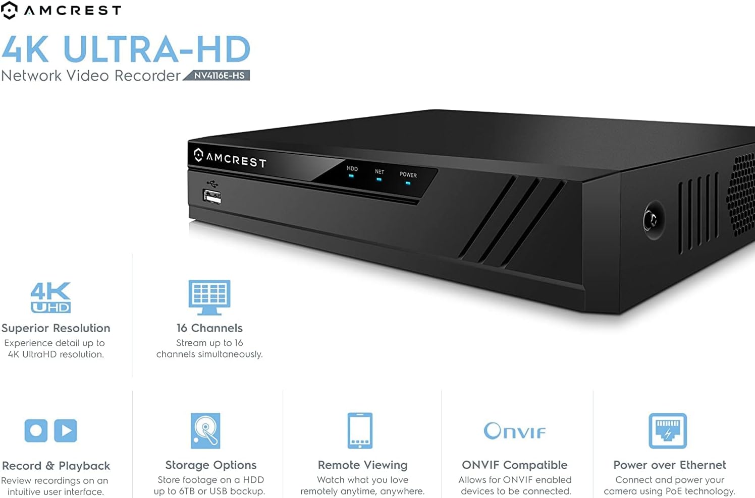 Amcrest NV4116E-HS 4K 16CH (8-Port PoE) NVR, (1080p/3MP/4MP/5MP/6MP/8MP/4K) Network Video Recorder Supports up to 16 x 4K IP Cameras, 8-Channel Power Over Ethernet, Supports up to 6TB (Not Included)