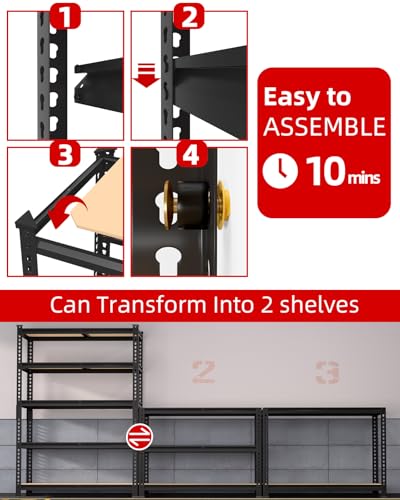 PrimeZone 2 Pack Storage Shelves 48" x 24" x 72" - 5 Tier Heavy Duty Adjustable Garage Storage Shelving, Metal Storage Utility Rack Shelf Unit for Warehouse Pantry Closet Kitchen, Black