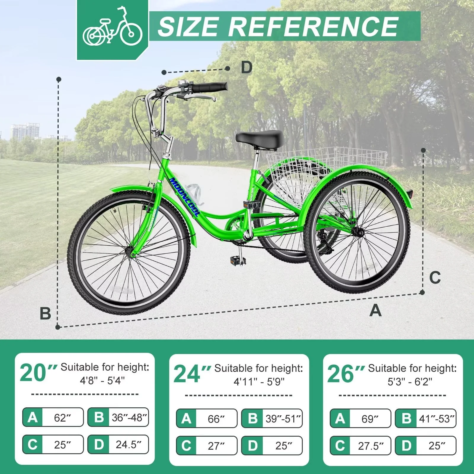 MOPHOTO Adult Tricycle for Seniors,Low Frame Three Wheel Bikes with Large Basket & Bell (Cyan, 26inch /7-Speed), 3 Wheel Cargo Bicycle,Safe and Durable Trike