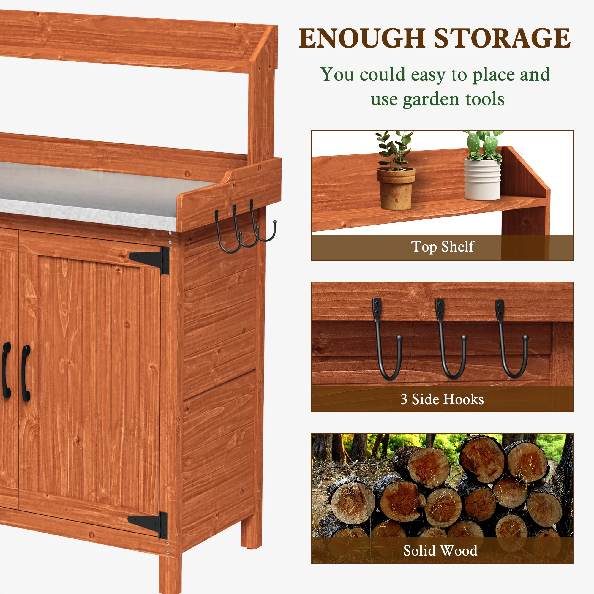 HLR Potting Bench with Storage, Galvanized Steel Tabletop Ourdoor Potting Bench with Storage for Garden Patio, Original Wood
