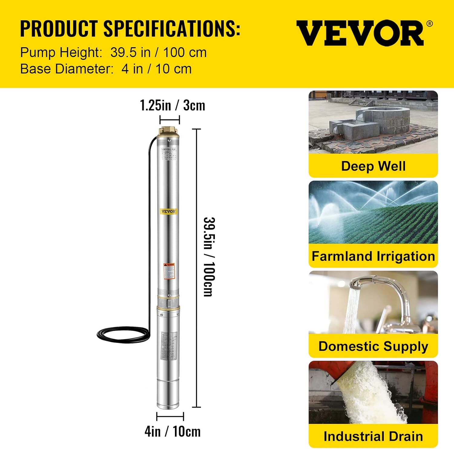 VEVOR Deep Well Submersible Pump, 1.5 hp 220V 50 Hz, Stainless Steel w/5 FT Cable Wire, 1.25" Water Outlet, 24 GPM & 390 Ft Head for Farmland Irrigation and Factories