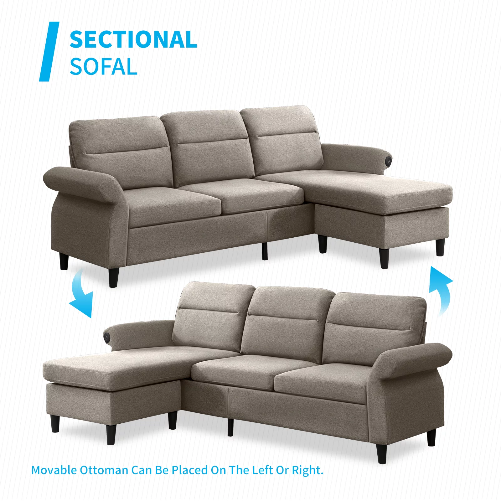 MUZZ Convertible Sectional Sofa Couch, 3 Seat L-Shape Sofa Couch with 2 USB Ports and Adjustable Armrest, Small Reversible Sectional Couches with Ottoman for Living Room, Apartment, Beige