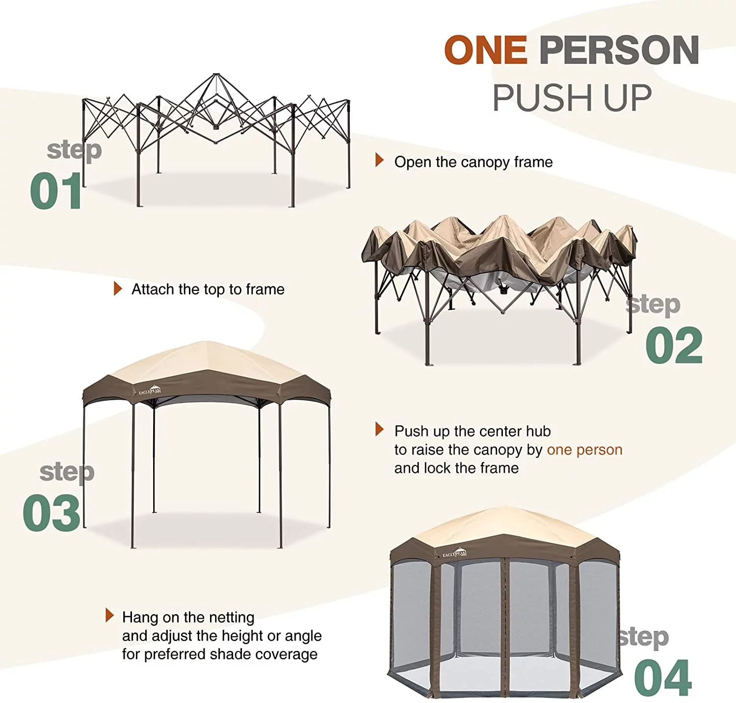 EAGLE PEAK Pop-Up Camping 6 Sided (6x6x6) Gazebo w/ Mosquito Netting Easy Center Push Canopy Shelter Instant Setup Outdoor Screen Tent (Brown)