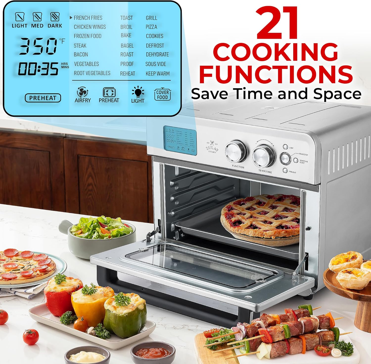 Zulay Large Countertop Air Fryer - Stainless Steel Airfryer Toaster Oven Combo with 21 Functions - 26.4Qt Capacity Stainless Steel Convection Oven with Toast, Bake, Rotisserie & Dehydrate Options