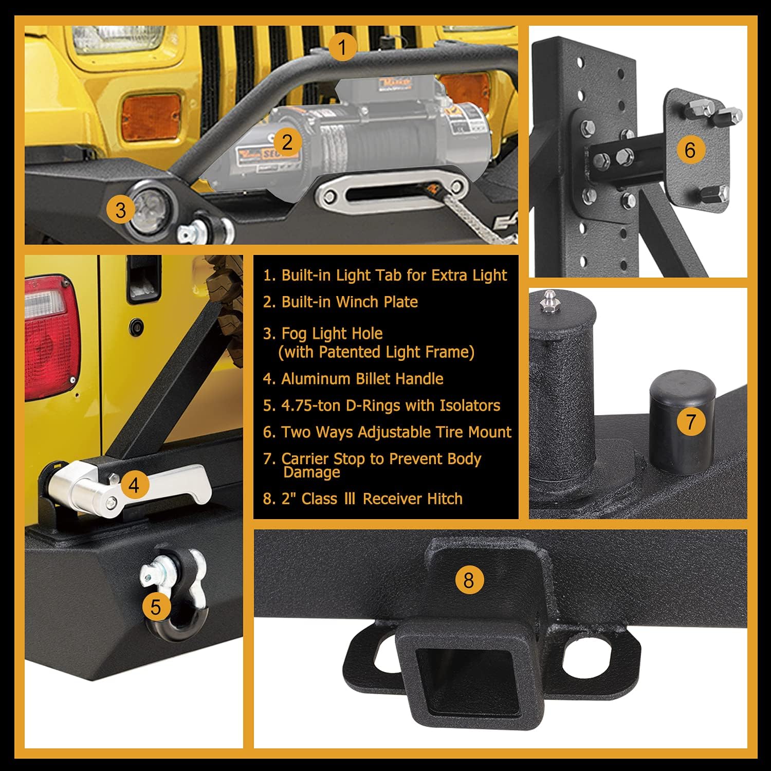EAG Front LED Bumper and Rear Bumper with Assembled Tire Carrier Fit for 87-06 Wrangler TJ YJ