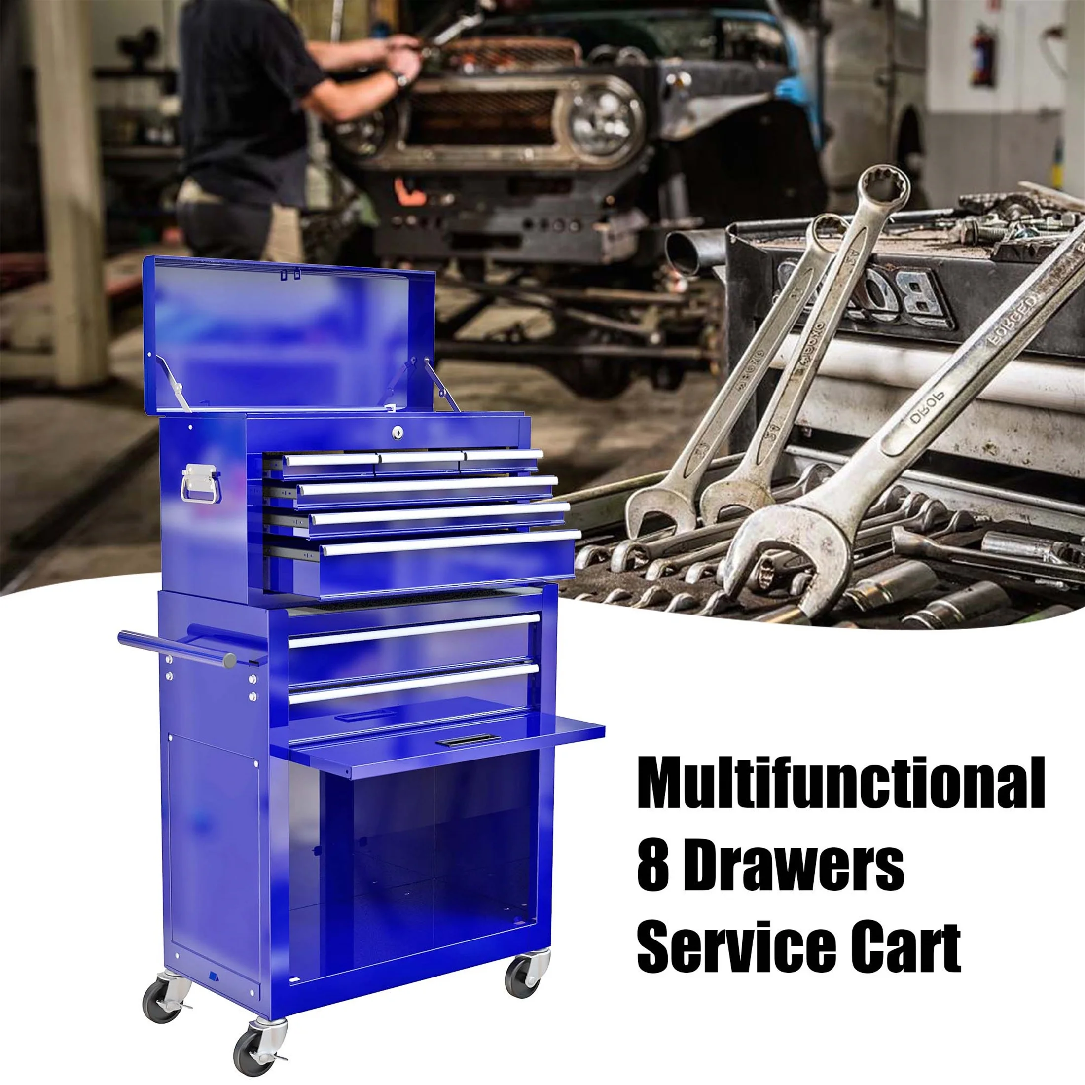 Aukfa Tool Chest, 2 in 1 Steel Rolling Tool Box & Cabinet On Wheels for Garage, 8-Drawer, Blue