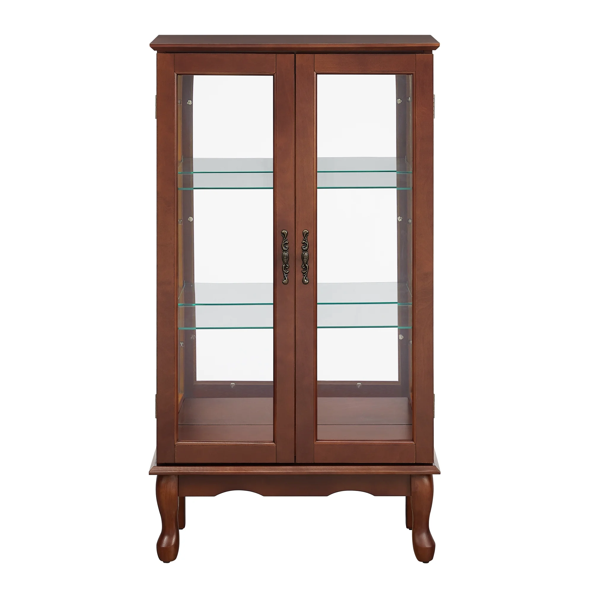 3 Shelf Lighted Curio Cabinet, 43.5" Tempered Glass Floor Display Cabinet with Adjustable Shelves and Mirrored Back Panel, E26 light Bulb Not Included, Walnut