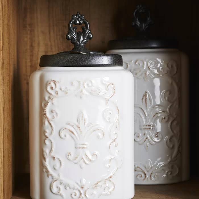 American Atelier 3-Piece White Fleur De Lis Canister Set