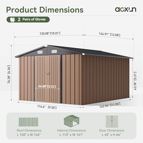 Aoxun 10 x 12FT Outdoor Storage Shed with Double Hinged Large Door Utility Garden Shed with Lockable Door & Sloped Roof Metal Sheds Outdoor Storage for Garden, Backyard, Patio and Backyard, Brown