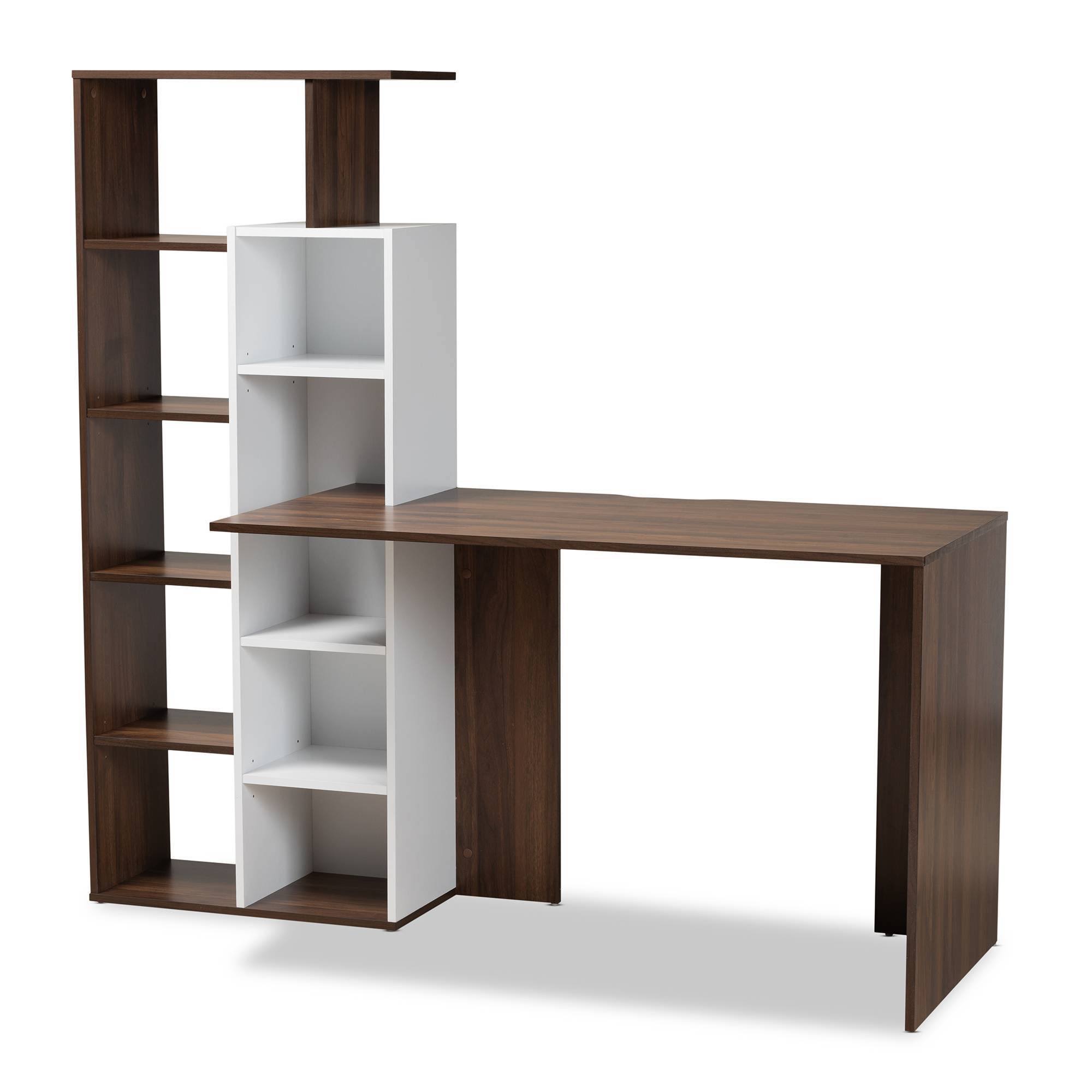Baxton Studio Rowan Modern and Contemporary Two-Tone Finished Wood Storage Computer Desk with Shelves White u0026 Walnut Brown
