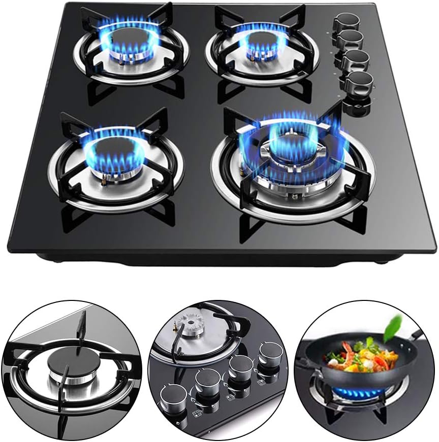 Gas Stove Cooktop 23x20 Inches Built in Gas Cooktop with 4 Burners, Portable Black Tempered Glass Stove Burner Cast Iron with NG/LPG Conversion Kit for RVs,Apartments,Outdoor,Black