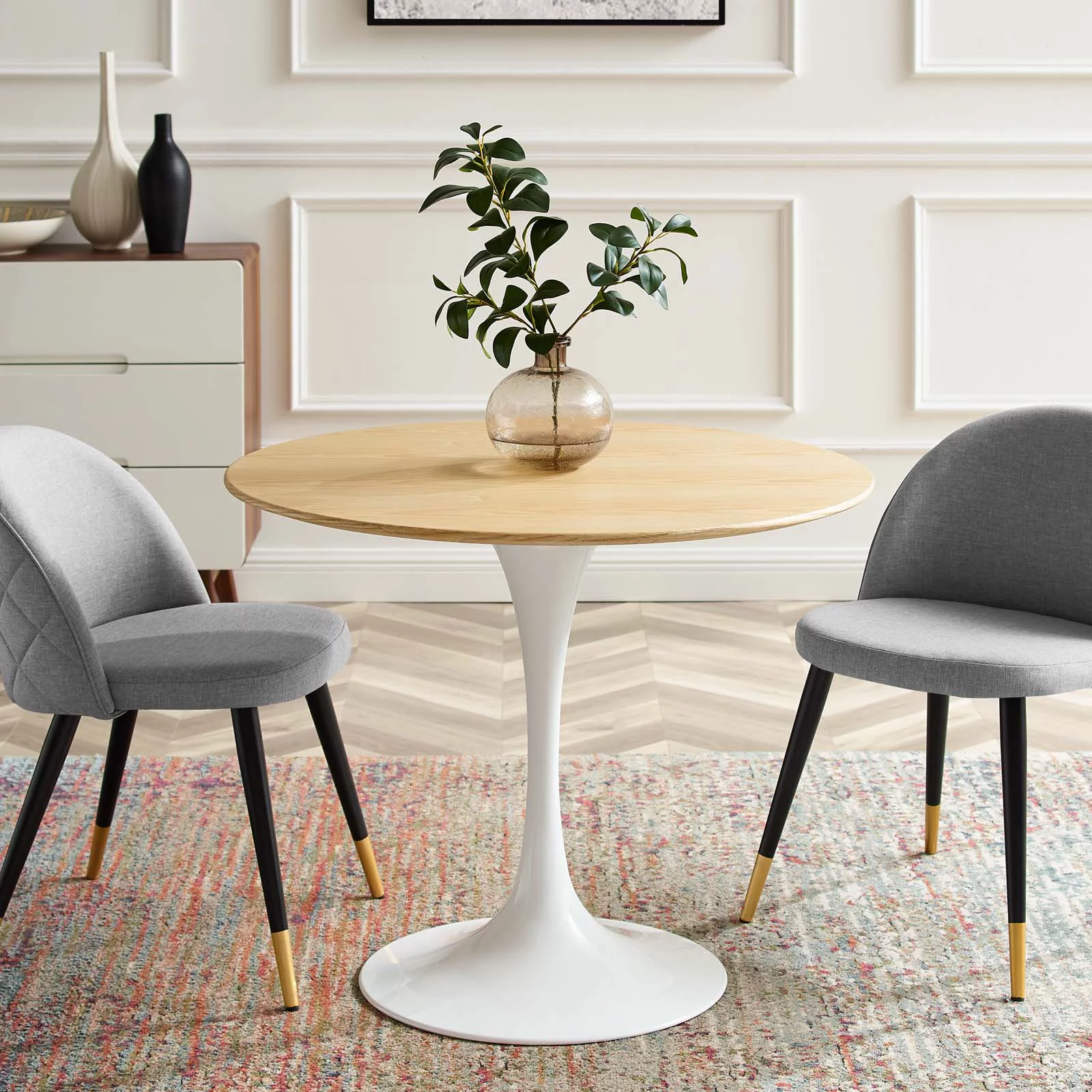 36 inch Dining Table, Round, Natural Brown White, Wood, Metal Steel, Modern Contemporary Mid-Century, Kitchen Room Cafe Bistro Restaurant Hospitality