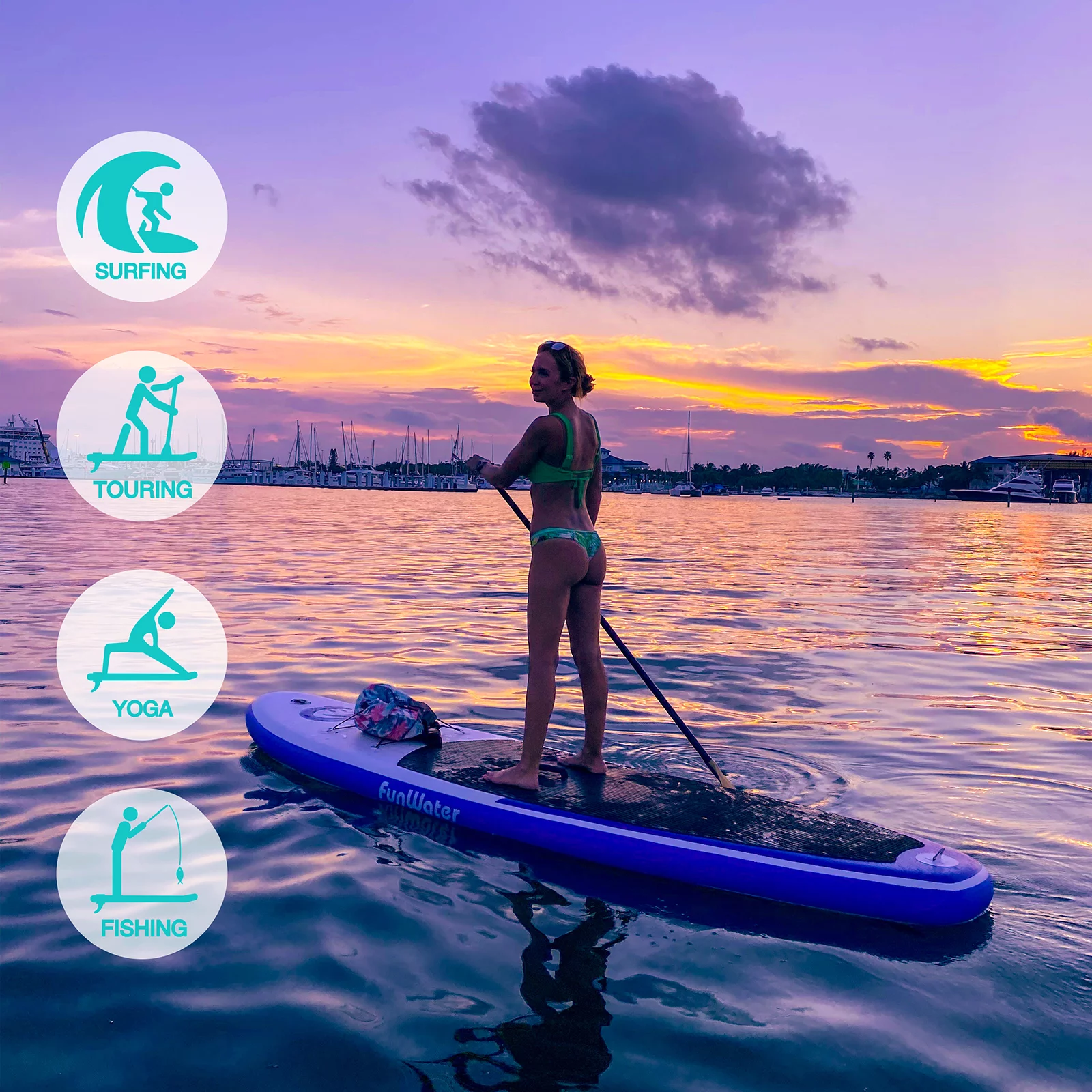 FUNWATER Stand Up Inflatable Paddle Board, SUP 11'x33''x6'' (LxWxH) with Smile Pattern Paddle Board, Advanced backpack pump, fin paddle and other accessories, Unisex