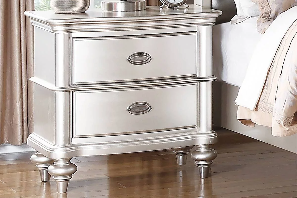 Classic Elegant 4pc Bedroom Set Satin Finished Silver Eastern King Size Bed Dresser Mirror Nightstand Furniture