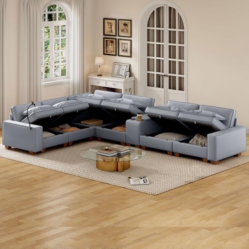 Modular Sectional Sofa, Convertible U Shaped Sofa Couch with Central Console & USB Ports, 7 Seat Modular Sectionals Couch with Chaise and Storage for Living Room, Light Grey