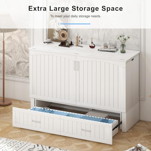 Queen Murphy Bed, Murphy Cabinet Bed with Tri-fold Mattress & USB Charging Station, Murphy Chest Bed with 2 Storage Drawer, Multi-functional Murphy Bed Cube Cabinet for Guest Room