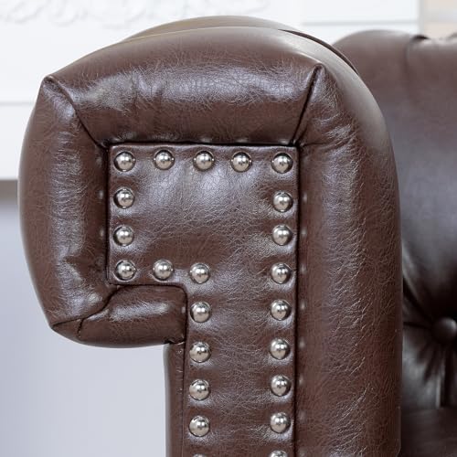 Chesterfield Chair Leather, Square Arm Tufted Back Upholstered Single Sofa Chair, Club Armchair With Nailheads and Solid Wood Legs, Chesterfield Chair for Living Room Office Reading Room (Brown)