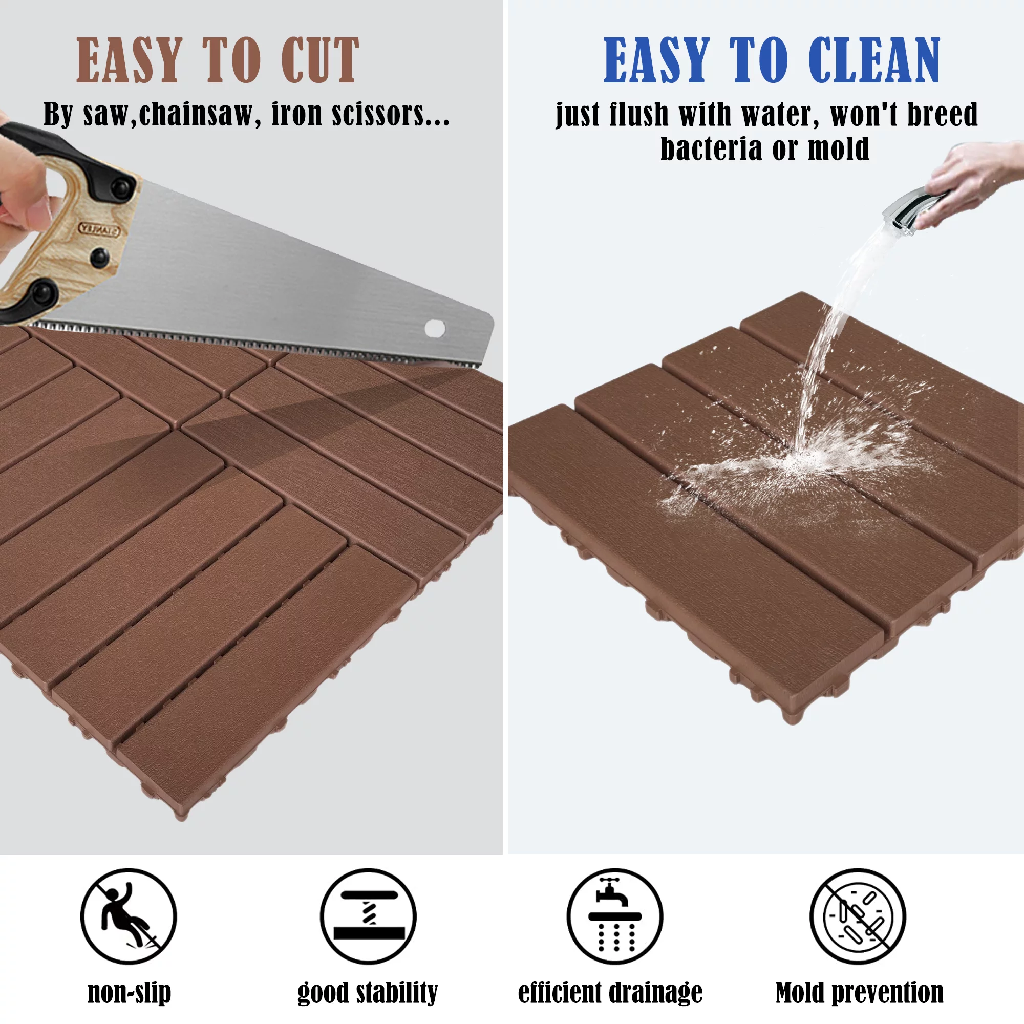 iRerts Patio Interlocking Deck Tiles, 44 Pack Plastic Patio Tiles, 12"x12" Square Waterproof Outdoor Flooring for All Weather Use, Garden Flooring Patio Tiles for Porch Balcony Backyard, Dark Brown
