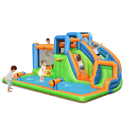 HONEY JOY Inflatable Water Slide, 7 in 1 Giant Water Park Bounce House for Outdoor Backyard, Splash Pool, Water Cannons & Climbing Walls, Blow up Water Slides Inflatables for Kids and Adults