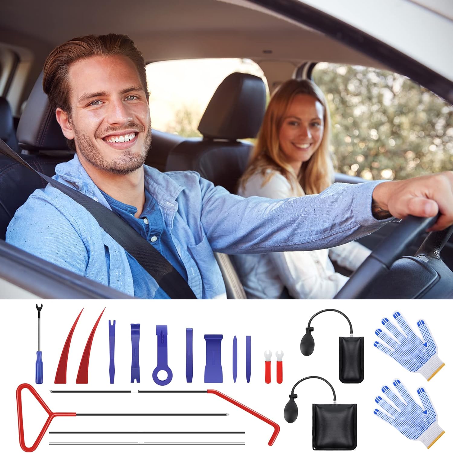 GODCRAE Car Tool Kit, 21PCS Professional Car Door Unlock Kit Lockout Tool with Long Reach Grabber, Non-marring Wedges Air Wedge Pump Auto Trim Removal Tool Pry Tool in Caring Case Bag