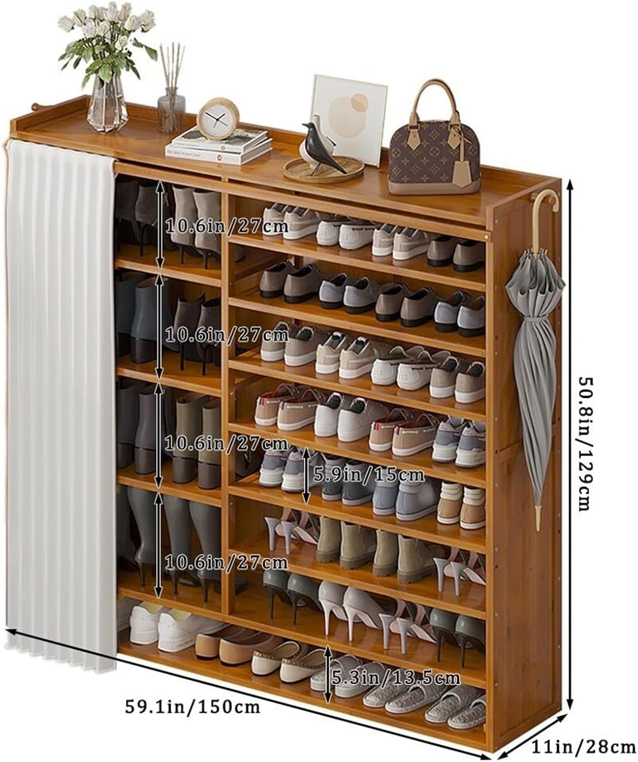 9-Tier Shoes Storage Cabinet, 43-47 Pairs Hallway Slim Shoe Cabinets, with Dust Cover Bamboo Racks for Storage, for Entrance Hall, Living Room, Warehouse