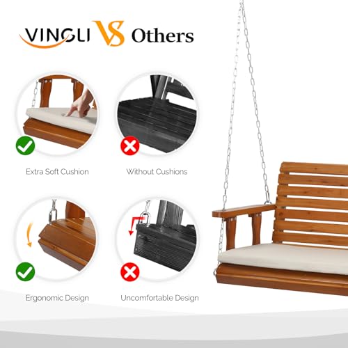 VINGLI Heavy Duty 880 LBS Patio Wooden Porch Swing Outdoor with Extra Cushion, Farmhouse Hanging Bench Tree Swing with Adjustable Chains for Yard | Garden | Lawn | Balcony (5 FT, Rustic)