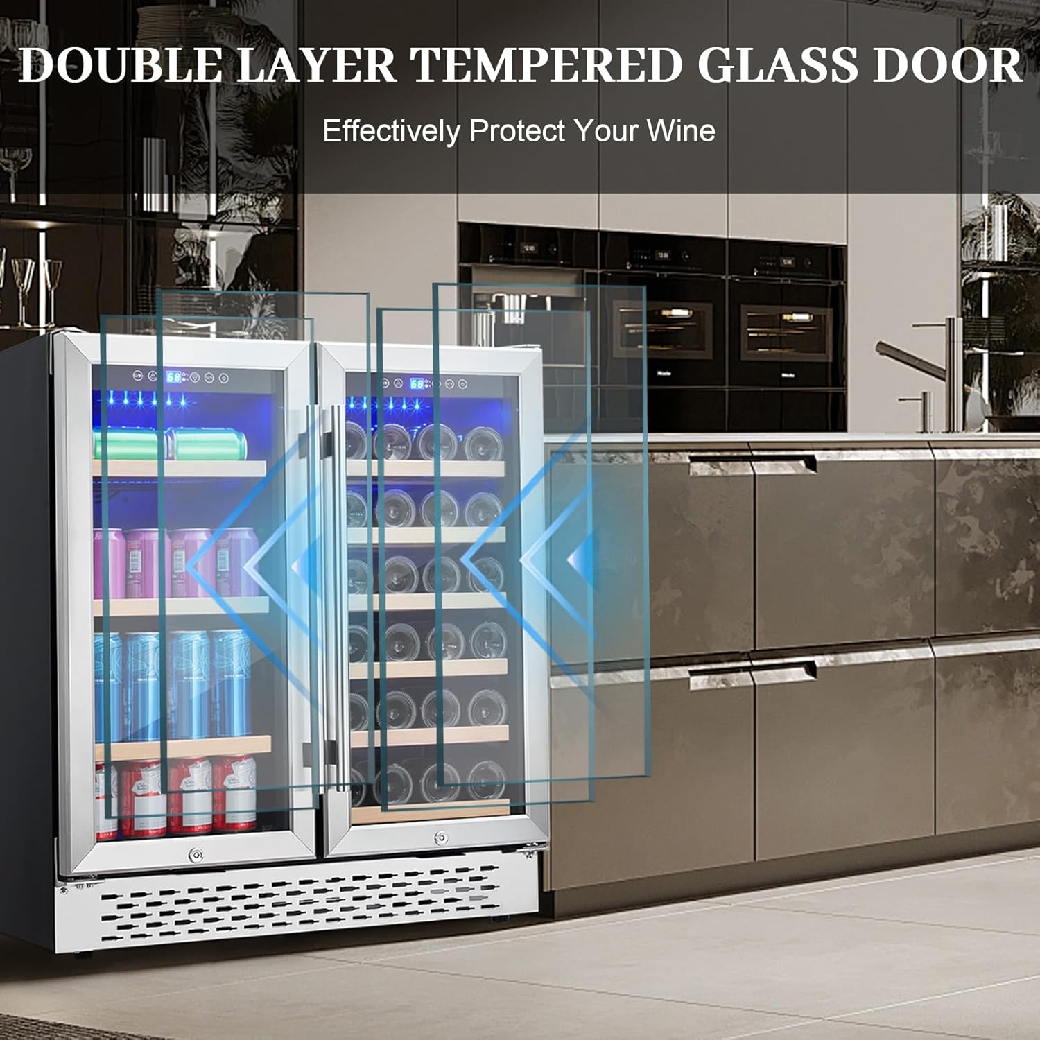 Wine and Beverage Refrigerator - 28 Bottles and 80 Cans, Dual Zone, Glass Door, Adjustable Shelves, with Lock, Digital Temperature Control, Freestanding/Built-in