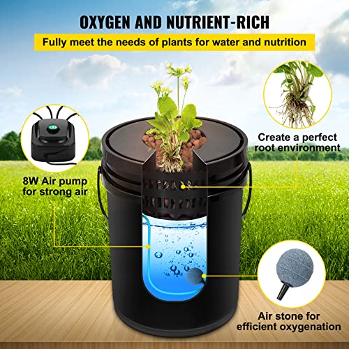 VEVOR RDWC Hydroponics Grow System, Hydroponic Growing Kit with Top Drip, Recirculating Deep Water Culture 4 Buckles and 1 Reservoir, with Air Pump and Water Level Device for Leafy Vegetables