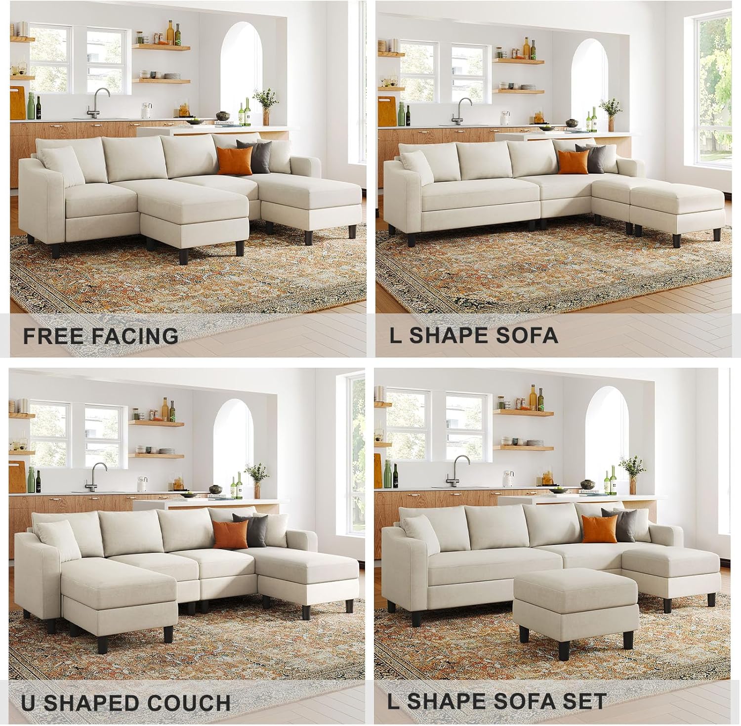 Belffin U Shaped Sectional Sofa Velvet Convertible Sofa with Reversible Chaises Sectional Couches with Ottomans for Living Room (Beige)…