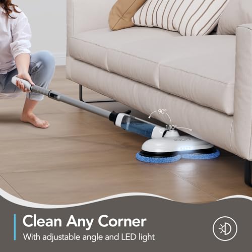iDOO Electric Mop, Dual-Motor Electric Spin Mop with Sprayer and LED Headlight, Cordless Electric Mop for Floor Cleaning, Powerful Floor Cleaner Floor Scrubber with Transparent Water Tank & Mop Pads