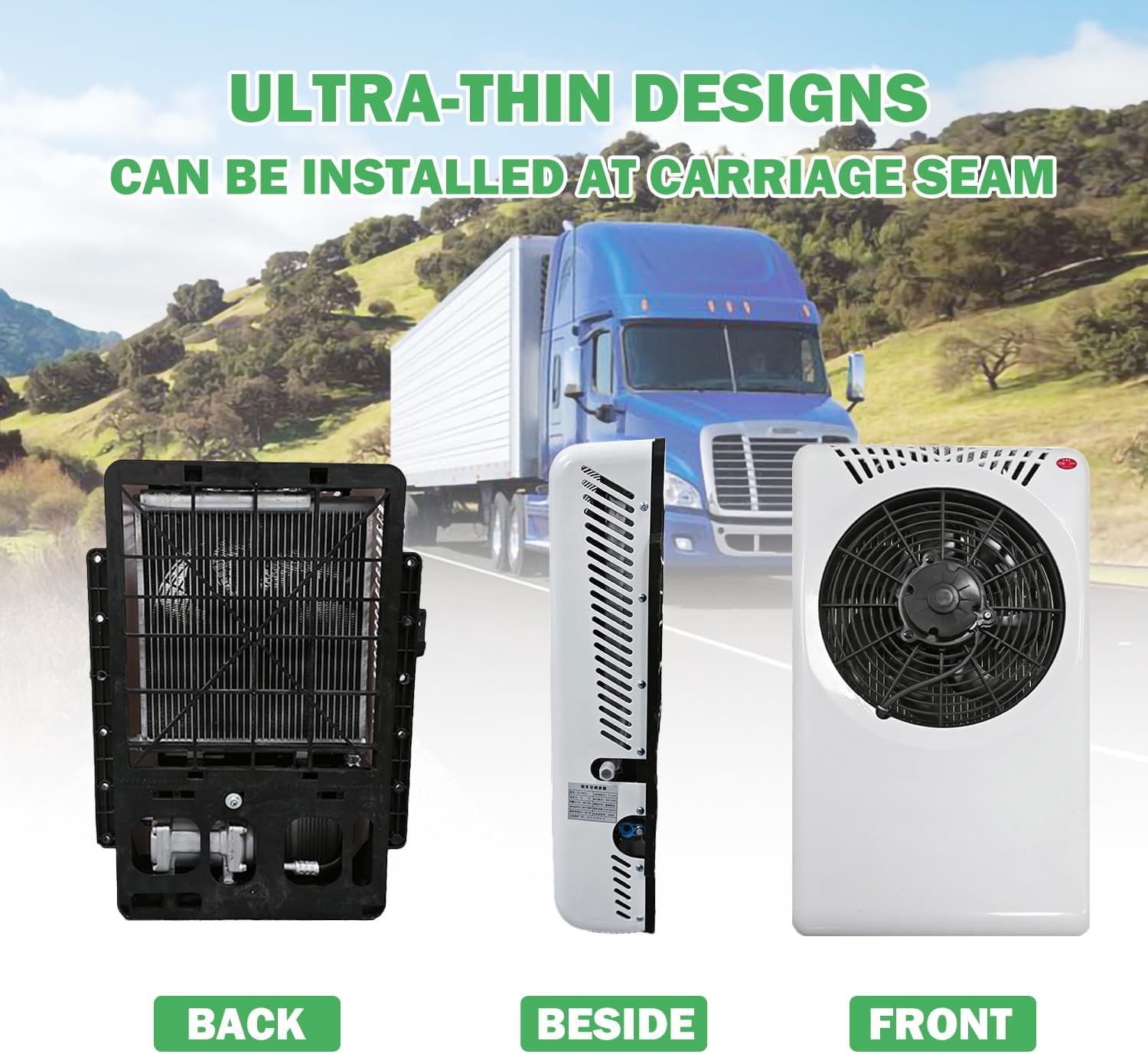 12V Truck DC Air Conditioner 7500 BTU - Treeligo Ultra-thin 12 volt Scroll Compressor A/C unit with for Van Truck RV Motorhome Camper Carriage Seam installed