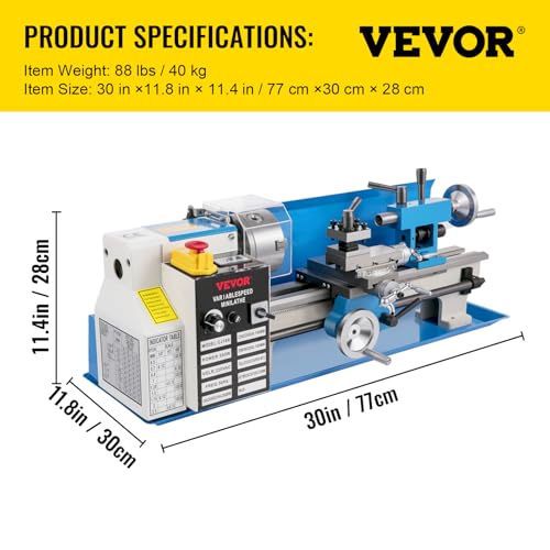 VEVOR Mini Metal Lathe, 7"x14", 550W Variable Speed 2250 RPM Metal Lathe, with 3-jaw Chuck Mini Lathe Machine Benchtop Metal Lathe Digital Display for Metal Turning