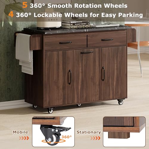 Kitchen Island With Large Drop Leaf, Rolling Kitchen Island On Wheels With Adjustable Shelf, Wood Kitchen Cart With Trash Can Storage Cabinet, Spice Rack, Towel Rack And Two Drawers (Walnut Brown-03)