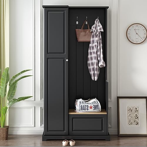 Stylish Design Hall Tree with Flip-Up Bench,Minimalist Hallway Shoe Cabinet with Adjustable Shelves,Coat Rack with Hanging Hooks for Entryways Mudroom,Black